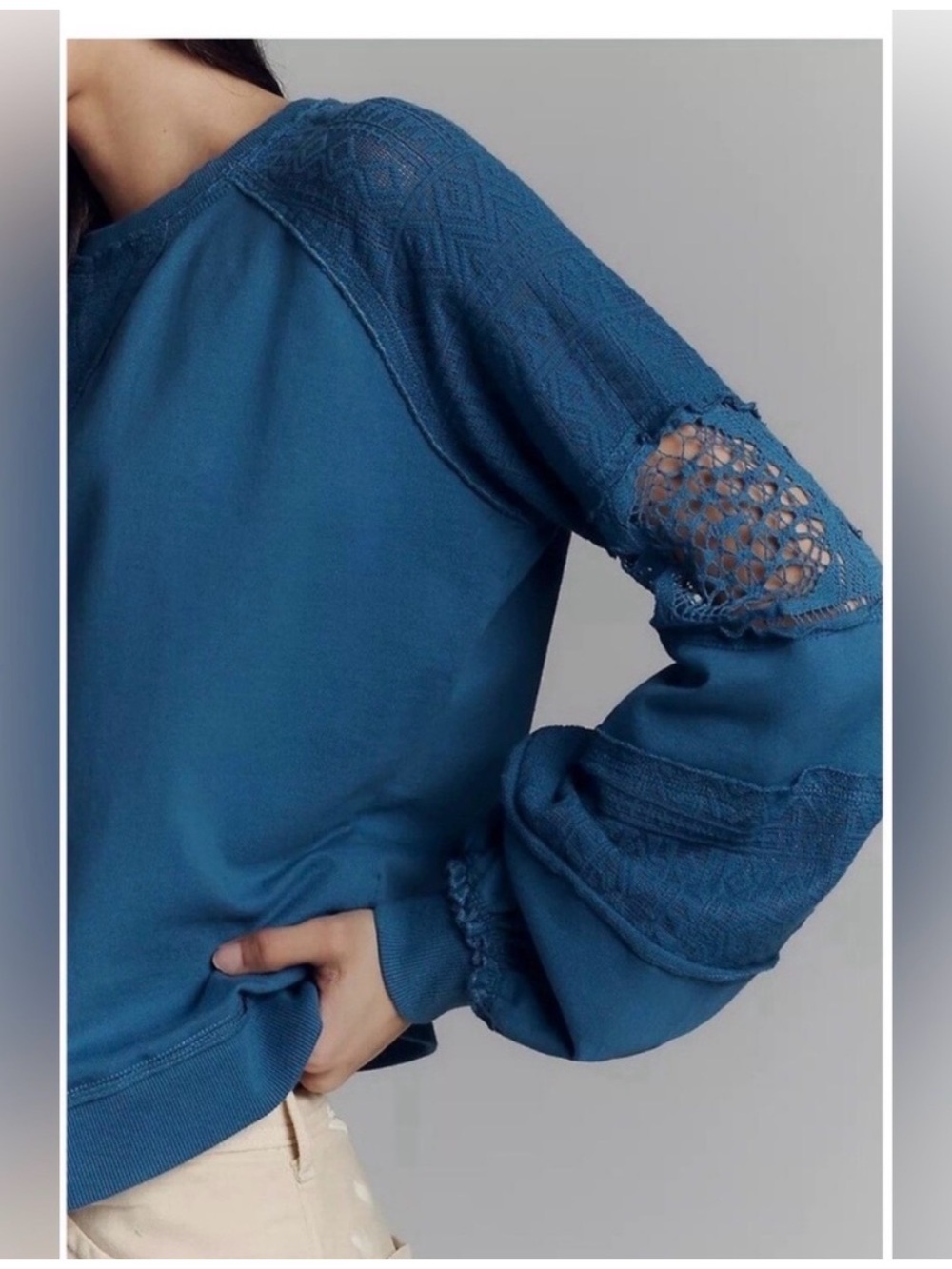 ANTHROPOLOGIE Lace Balloon Sleeve Top in Blue, Fits Like Small/Extra Small